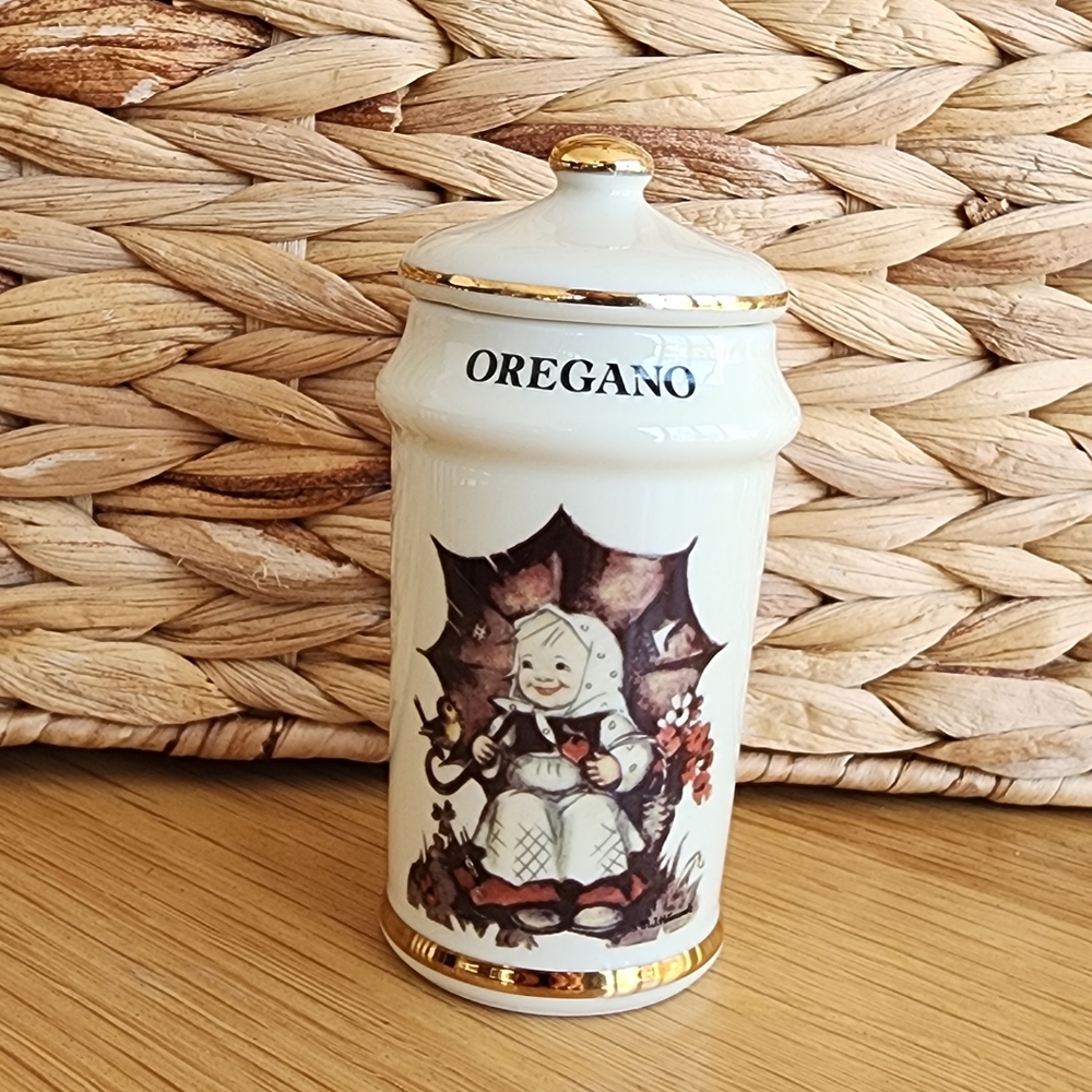 Vintage M. J. Hummel Oregano Ceramic Jar with Gold Accents